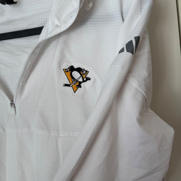 Adidas Pittsburgh Penguins Mens Large White Quarter Zip Hooded Windbreaker NHL - Picture 4 of 6